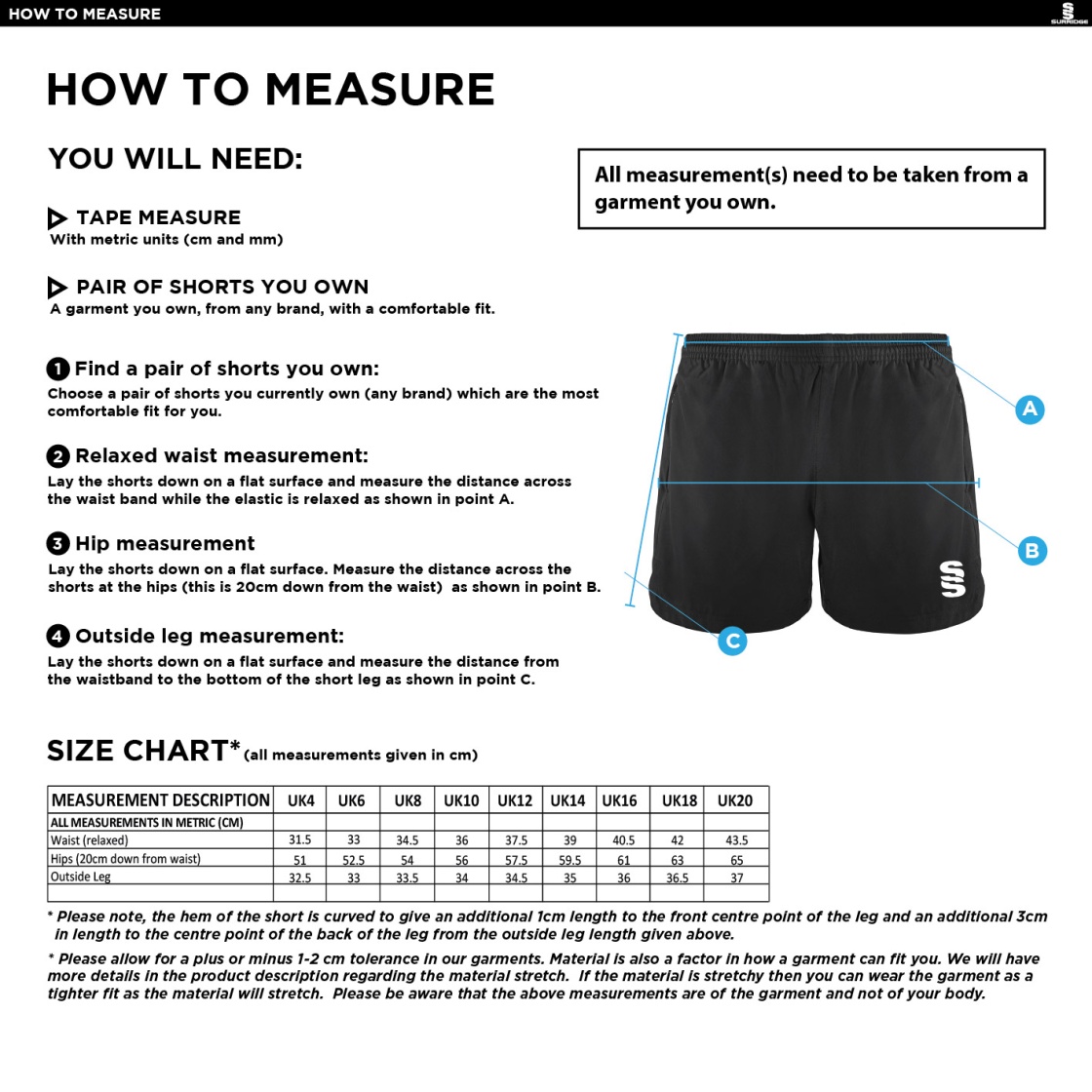 Anglia Ruskin - Performance Gym Short - Women's Fit - Size Guide