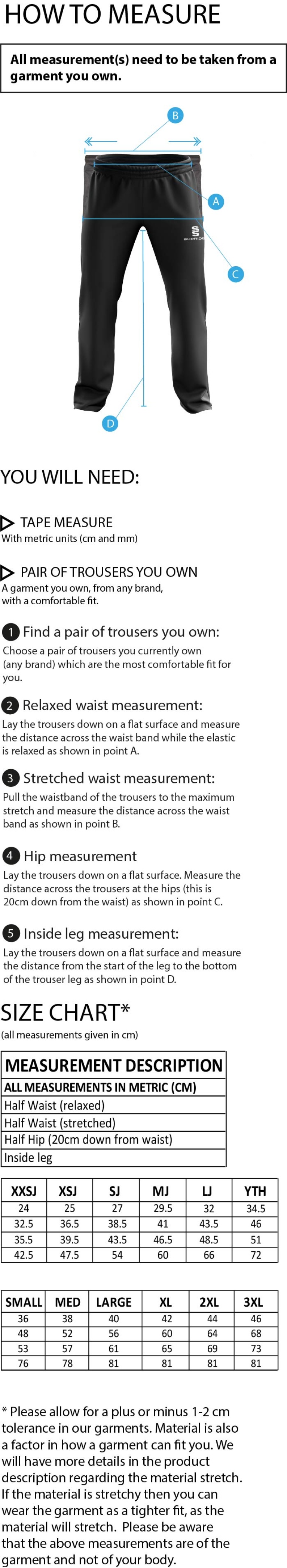 Anglia Ruskin - Dual Poplin Track Pant with Lycra - Unisex Fit - Size Guide