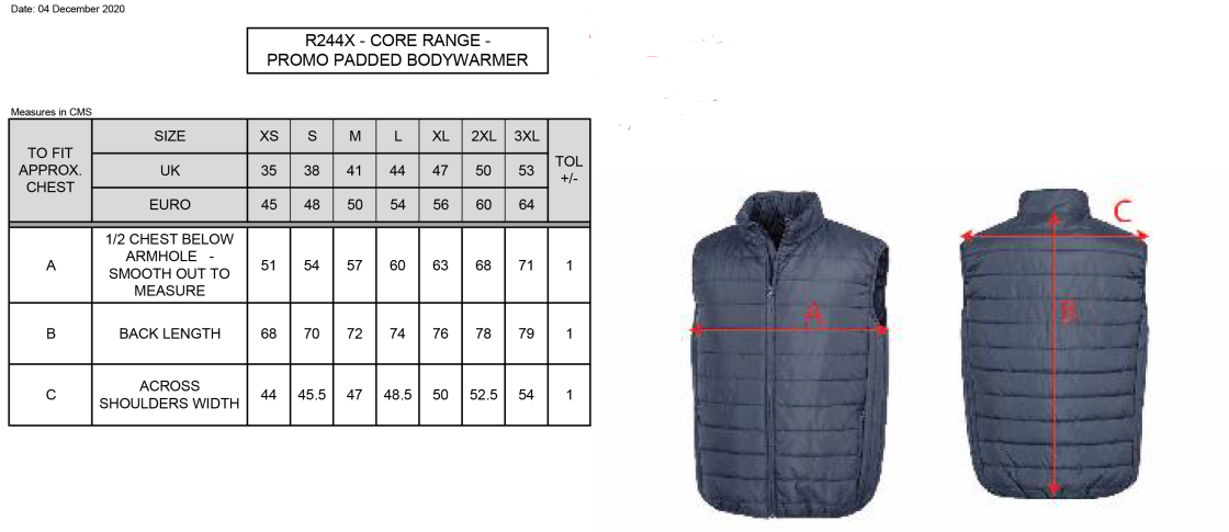 Anglia Ruskin - Padded Bodywarmer - Size Guide