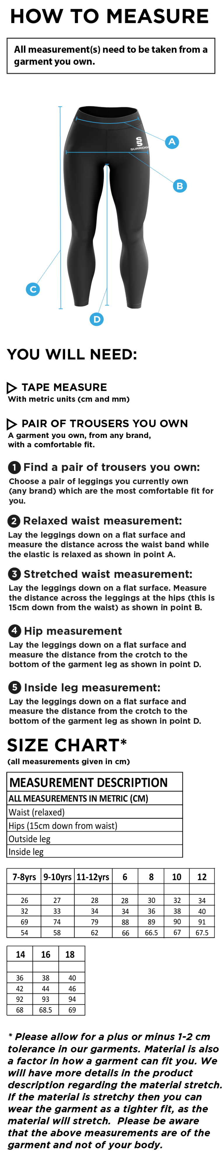 Anglia Ruskin - Performance Full Length Leggings - Size Guide