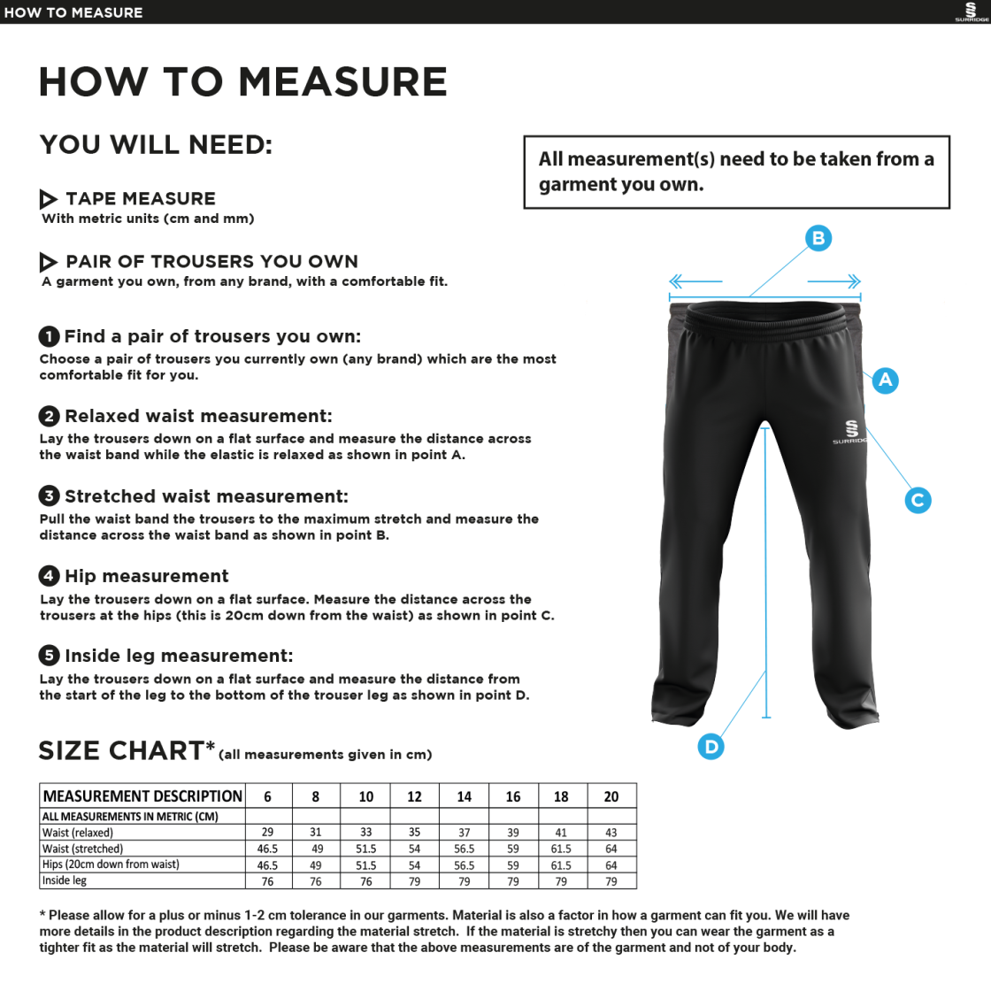 Anglia Ruskin - Women's Poplin Track Pant - Size Guide