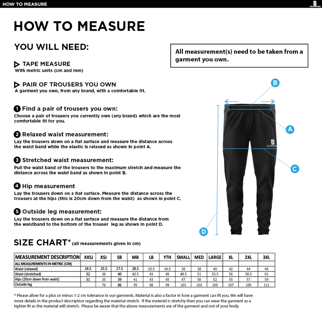 Anglia Ruskin - Tek Pants - Unisex Fit - Size Guide