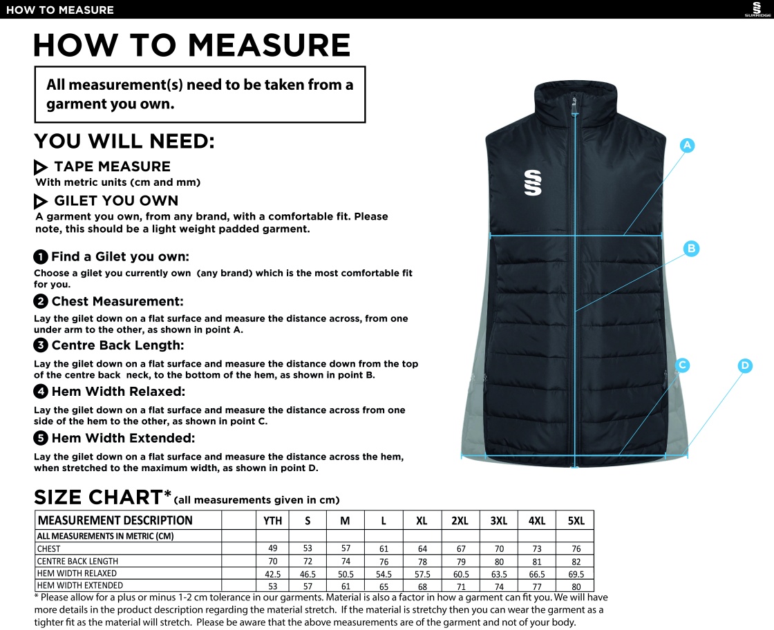 Anglia Ruskin - Padded Bodywarmer - Size Guide