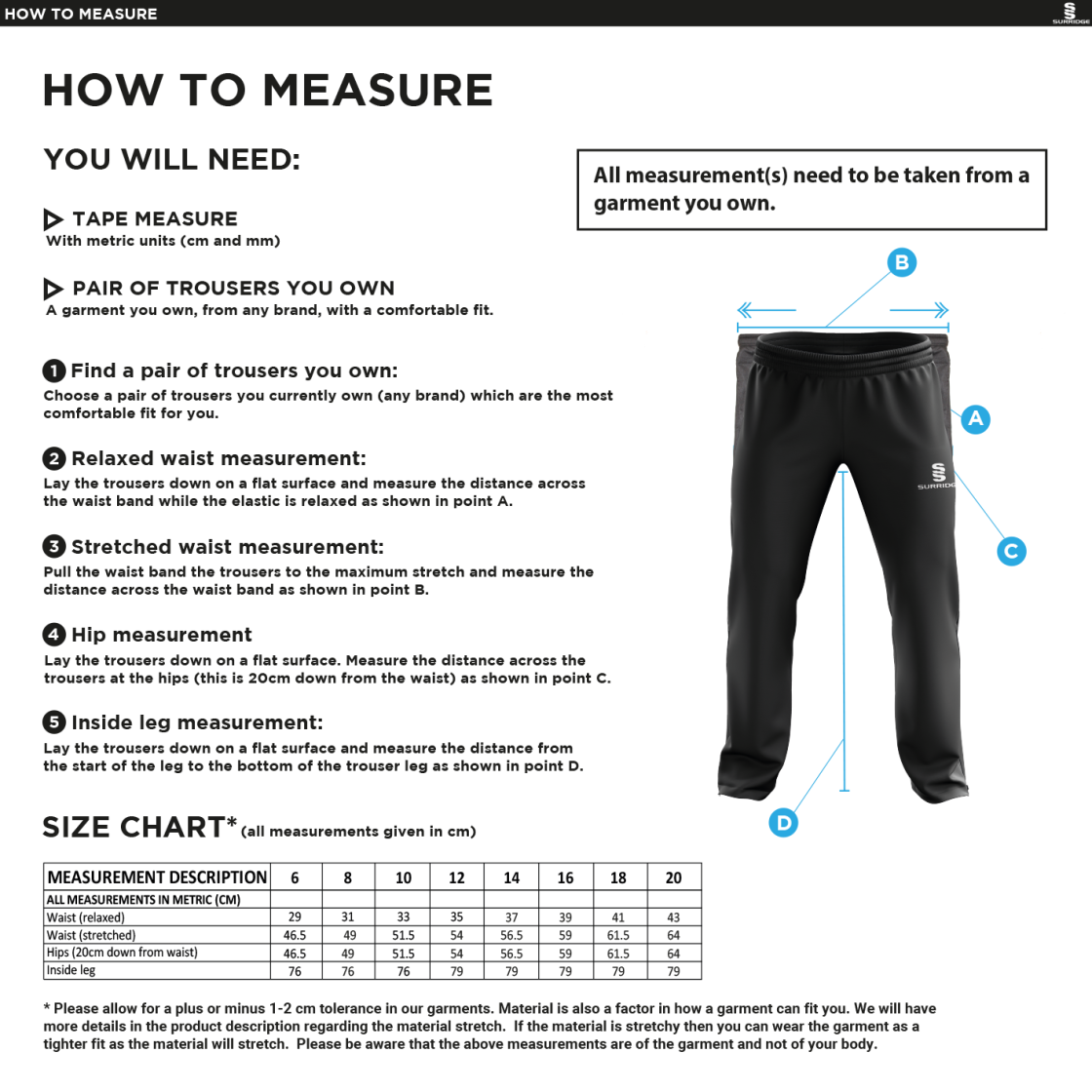 Anglia Ruskin - Dual Poplin Track Pant with Lycra - Women's Fit - Size Guide