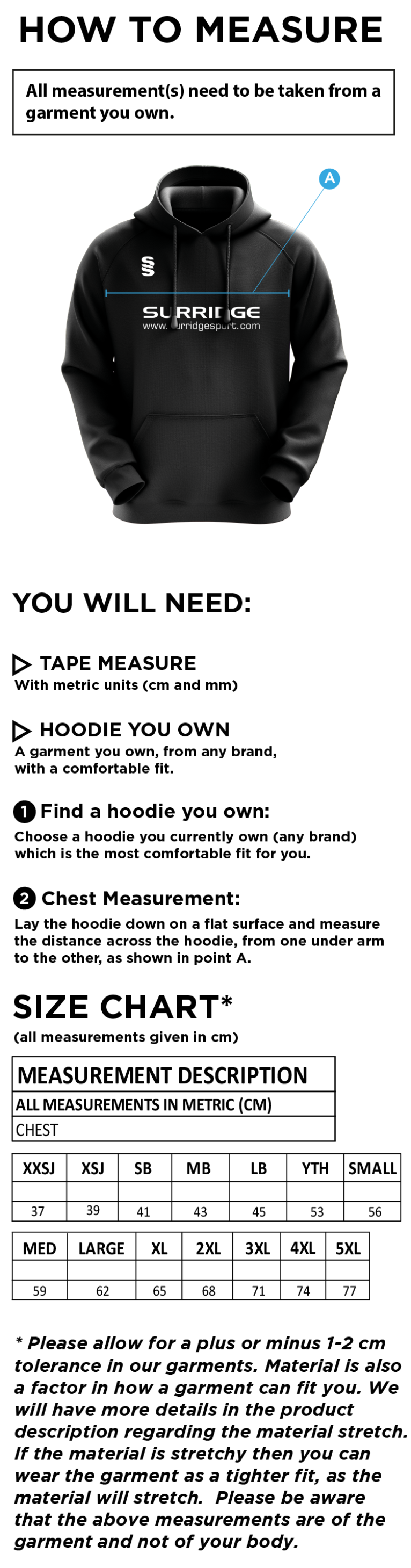 Anglia Ruskin - Overhead Hoodie - Size Guide