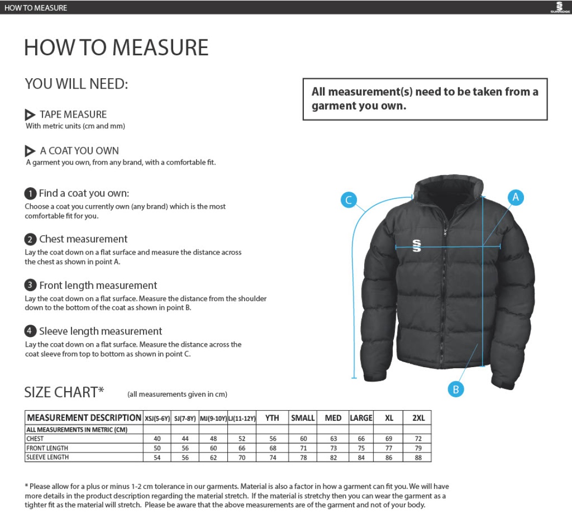 Anglia Ruskin - Holkham Down Feel Jacket - Size Guide