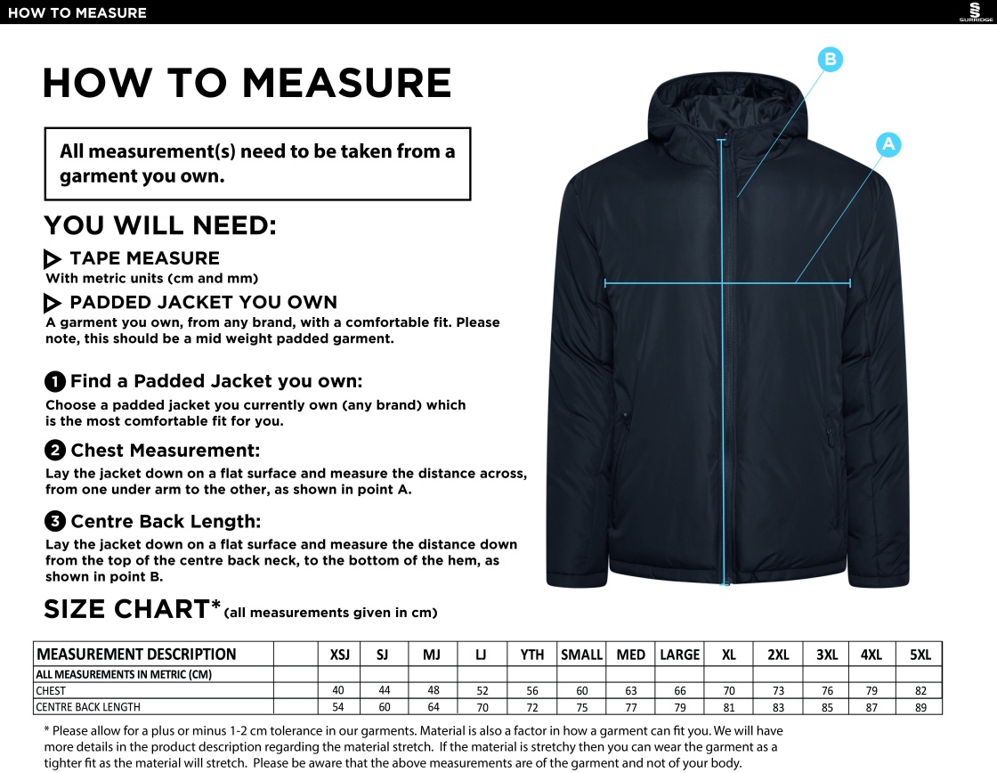 Anglia Ruskin - Active Padded Jacket - Size Guide