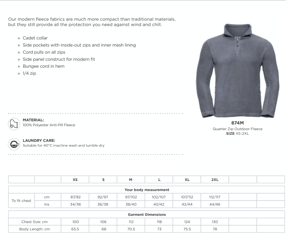 Anglia Ruskin - 1/4 Zip Outdoor Fleece - Unisex Fit - Size Guide