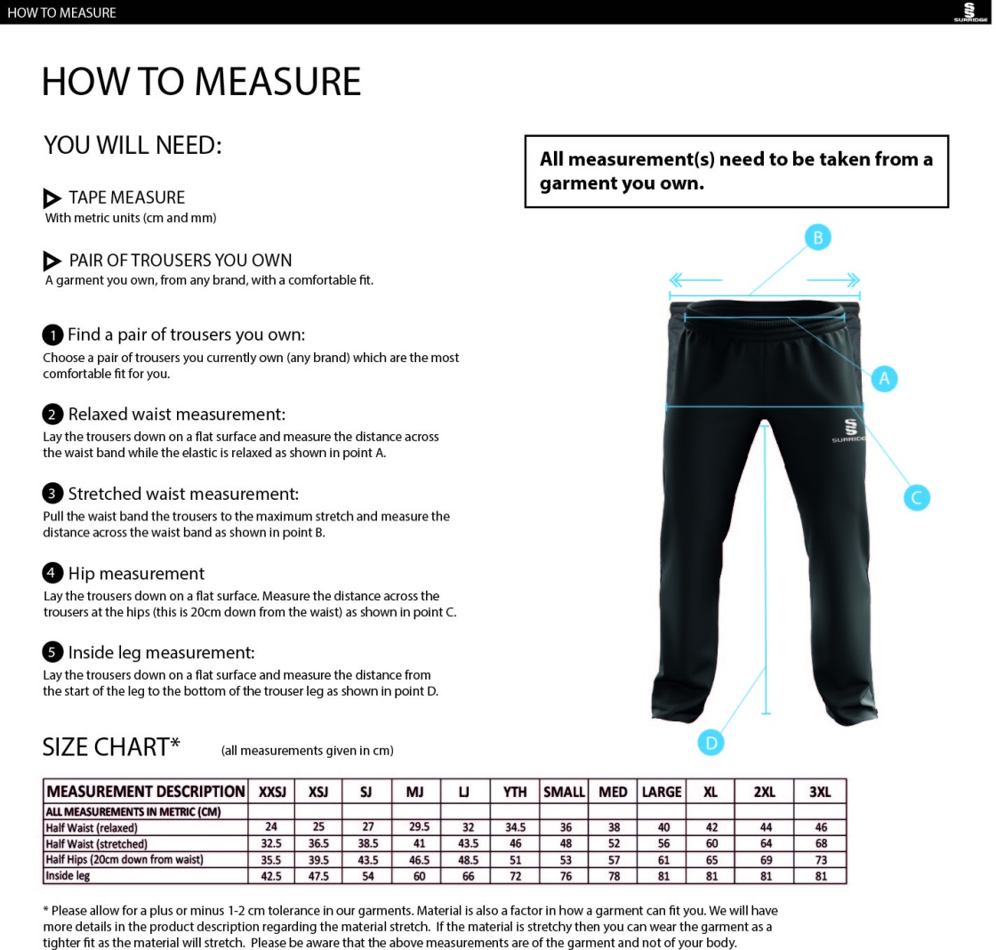 Anglia Ruskin - Dual Poplin Track Pant with Lycra - Unisex Fit - Size Guide