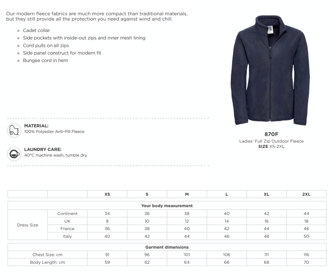 Anglia Ruskin - Full-Zip Outdoor Fleece - Women's Fit - Size Guide