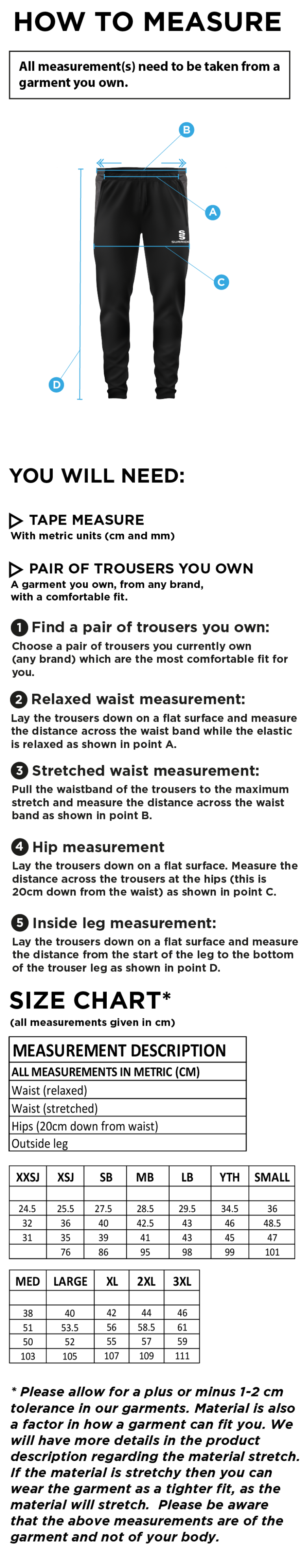 Anglia Ruskin - Tek Pants - Size Guide