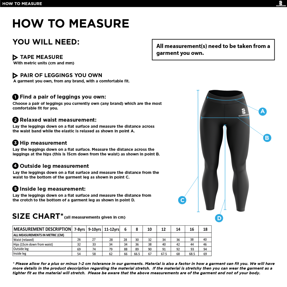 Anglia Ruskin - Performance Full Length Leggings - Size Guide