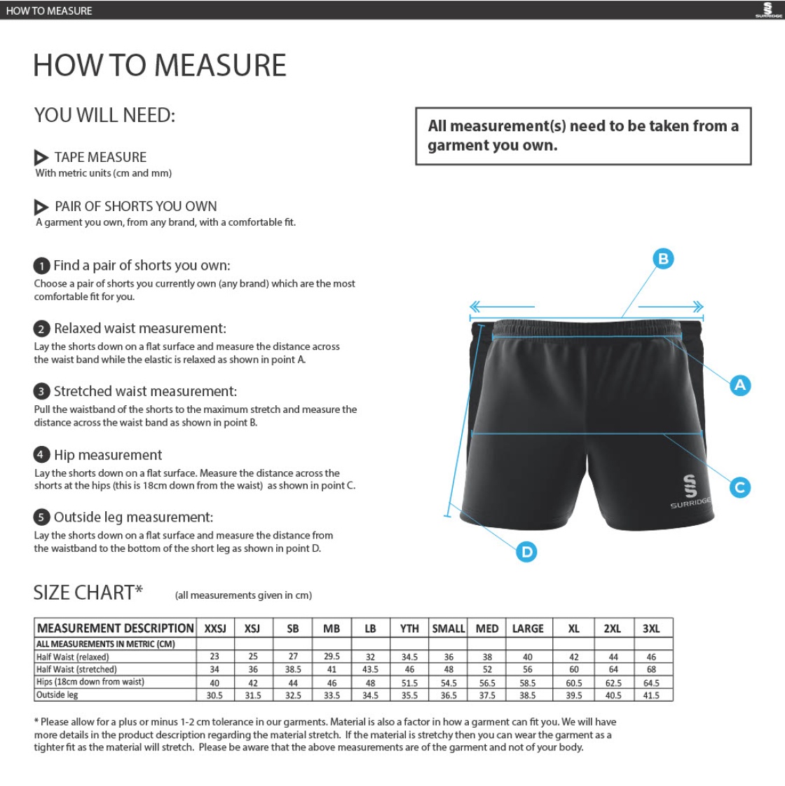 Anglia Ruskin - Premier Rugby Short - Unisex Fit - Size Guide