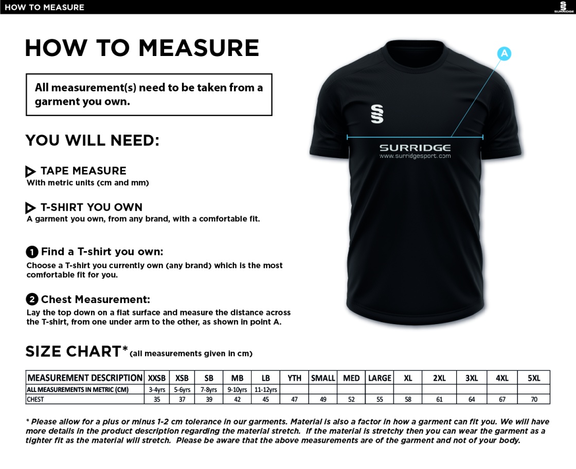 Anglia Ruskin - Gym Training Shirt - Size Guide