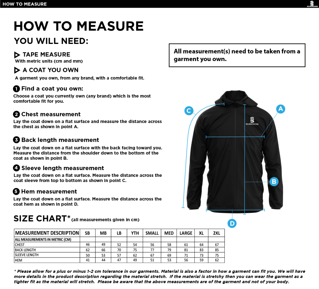 Anglia Ruskin - Full Zip Training Jacket - Size Guide