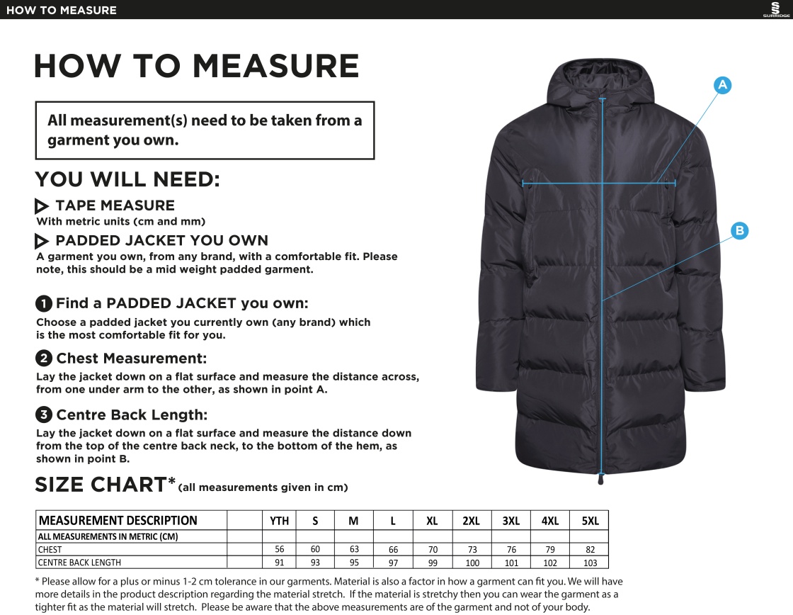 Anglia Ruskin - Active Long Padded Jacket - Unisex Fit - Size Guide