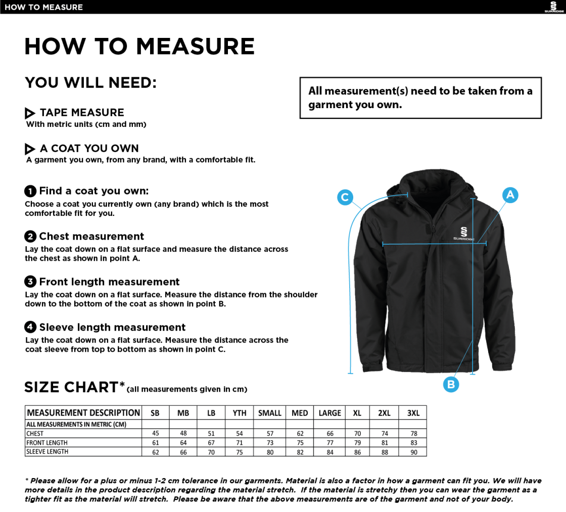 Anglia Ruskin - Fleece Lined Jacket - Size Guide