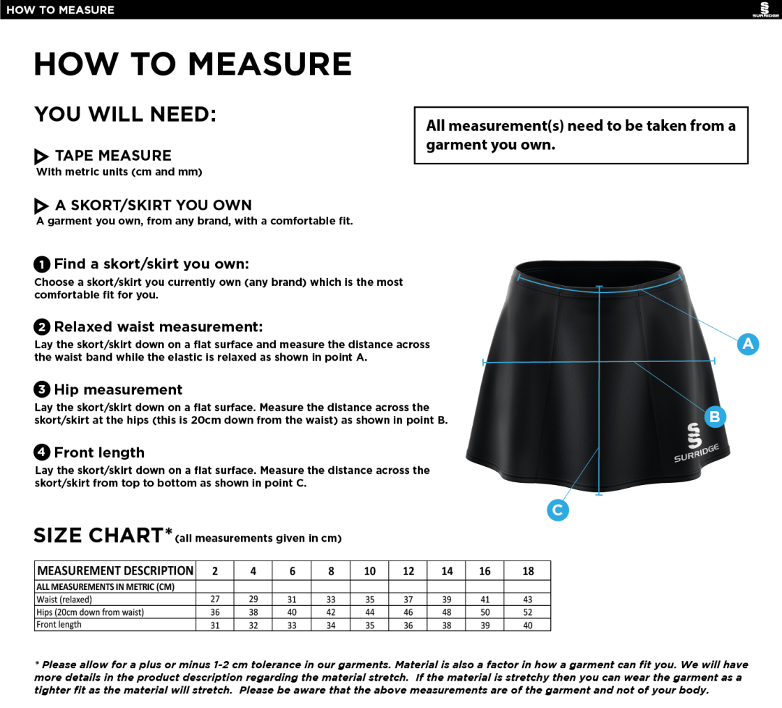 Anglia Ruskin - Skort - Women's Fit - Size Guide