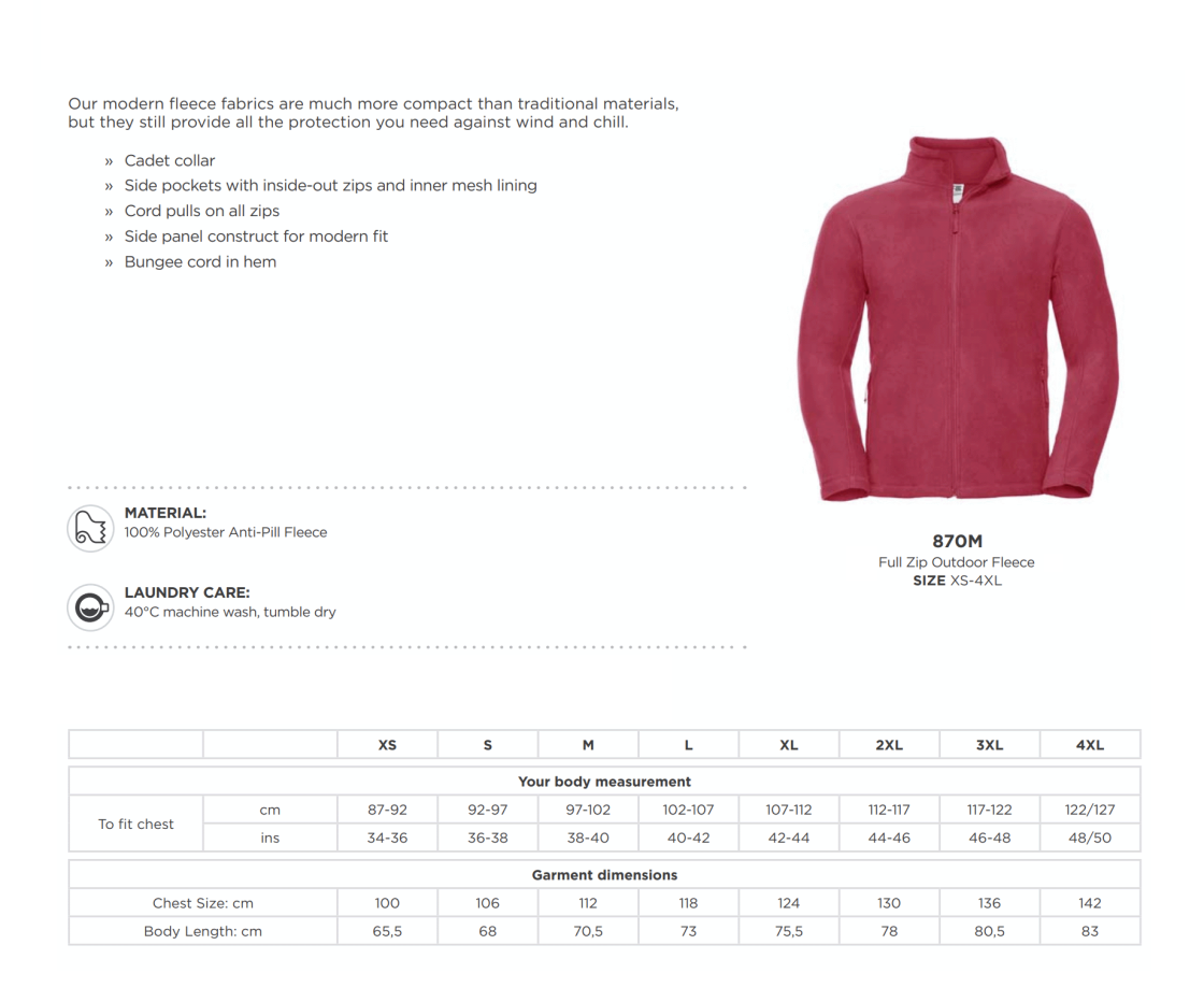 Anglia Ruskin - Full-Zip Outdoor Fleece - Unisex Fit - Size Guide